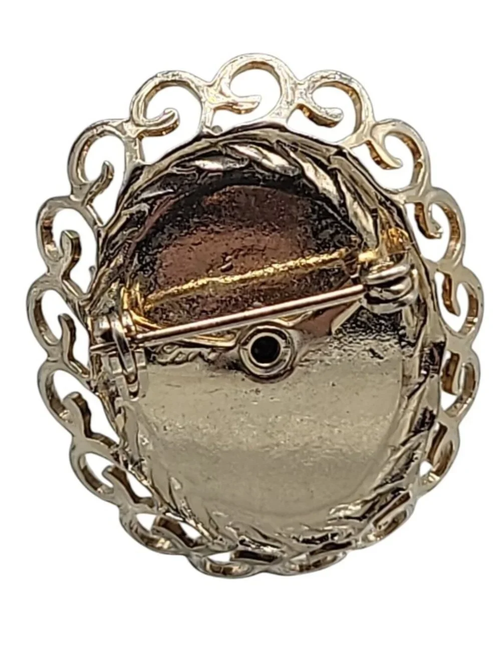 Coro Cameo Brooch Faux Resin  Gold Tone Open Work Frame Faux Pearl Black White